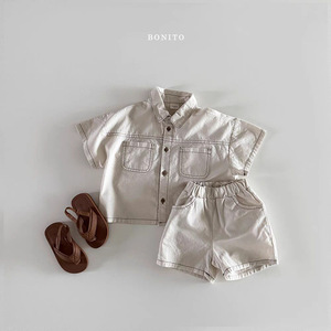 Nuovi arrivi estivi in stile coreano: set due pezzi in morbido denim con cuciture visibili, tinta unita, per ragazzi e ragazze. - Product Image 3
