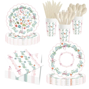 DAMAI - Juego de Platos de Papel Desechables Personalizados con Tema de Flores Rosas y Verdes para Fiesta de Té de Primavera, Decoración con Tema de Fiesta de Té - Product Image 1