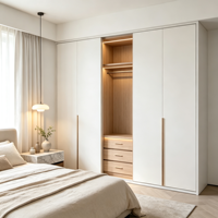 Armoire de chambre sur mesure avec porte coulissante, cadre foncé bicolore crème, éclairage LED, tringle de suspension, tiroirs et étagères, style moderne, OEM