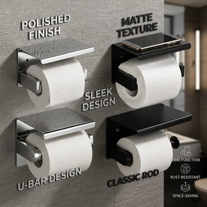 Support <span class=keywords><strong>mural</strong></span> auto-adhésif pour rouleau de papier toilette, <span class=keywords><strong>porte</strong></span>-serviettes en papier, <span class=keywords><strong>porte</strong></span>-mouchoirs en acier inoxydable avec étagère pour téléphone <span class=keywords><strong>et</strong></span> couvercle - Product Image 1