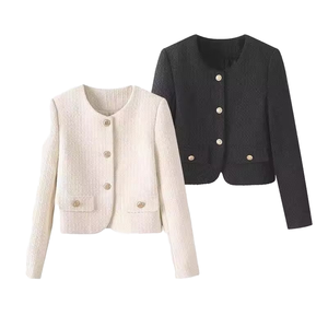 Blazer Corto Transpirable de Invierno para Mujer, Cuello Redondo, Estilo Francés, Lavado, con Cinturón, Elástico y Grueso - Product Image 1