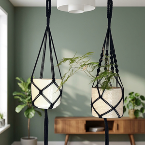 Jardinières suspendues en macramé bohème, design géométrique, franges en corde noire, décoration intérieure, porte-plantes muraux pour salon - Product Image 3