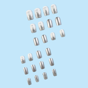 <span class=keywords><strong>Uñas</strong></span> postizas acrílicas ABS <span class=keywords><strong>de</strong></span> cobertura completa, estilo ataúd, medianas, blancas con purpurina plateada, efecto brillante, a presión. - Product Image 2