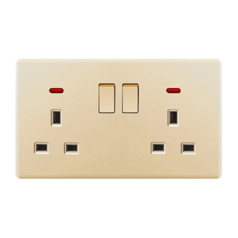 Gouden Vlamvertragende Pc Paneel Elektrische Wandschakelaar Socket Met 2usb Poort Dual Mf 3-Pins Socket Schakelaar Met Licht