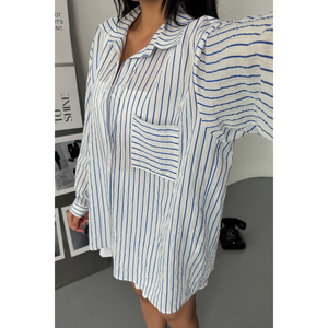 Camisa de Gasa con Rayas Brillantes Azules - Top Informal de Algodón para Mujer, Talla XL, con Decoración de Botones para Oficina o Uso Diario - Product Image 2