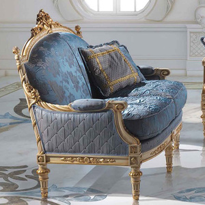 Bộ bàn ghế phong cách châu Âu, chất liệu vải màu xanh, gồm ghế đơn, ghế đôi và ghế ba, chất liệu gỗ cổ điển, dành cho phòng khách biệt thự, ghế sofa thư giãn, kiểu sectional. - Product Image 3