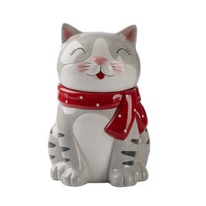 Gato pintado a mano <span class=keywords><strong>3D</strong></span> personalizable con bufanda roja Tarro de cerámica para galletas de caramelo para decoración navideña Almacenamiento y contenedor de alimentos - Product Image 1