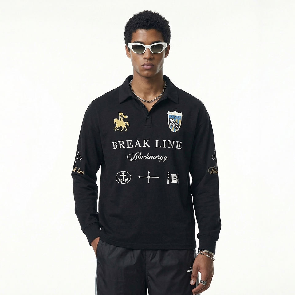 QUICKSHOW Streetwear Rugby Polo Warhorse Letter-print Long-sleeved Polo ...