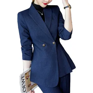 卸売高品質2ピーススーツセットフォーマルな女性ビジネスストリップオフィスレディワークウェア衣装エレガントなネイビーブレザーとズボン