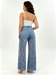 Livraison Rapide Jean <span class=keywords><strong>Femme</strong></span> Taille Haute Ample à Jambes Larges avec Patchwork de Dentelle, Pantalon en Denim Décontracté d'Été, Style Streetwear - Product Image 3