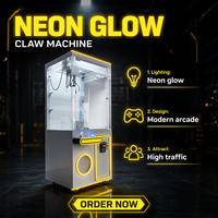 Machine de jeu d'arcade à monnayeur pour un joueur, type grue à griffes néon, en verre transparent, pour attraper les poupées