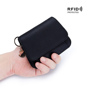 Porte-monnaie et porte-cartes en cuir véritable à rabat, multi-fentes, avec fermeture à bouton, compact et <span class=keywords><strong>portable</strong></span>, en nylon, avec poche zippée pour cartes - Product Image 5