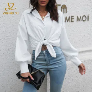 Custom Spring Summer Women's Elegant Cotton Solid Button Lapel Blouse Long Sleeve Loose Tops Tunic Tie Simple Casual Shirts