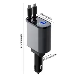 120W 4合1 USB C型电缆适用于IPhone三星快速充电线点烟器适配器可伸缩汽车充电器