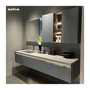 משטח לכה מבריק אפור גבוה ואגן משולב סוג אחד ארון אמבטיה עם מראה חכמה - Product Image 1