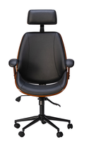 Chaise de bureau de direction ergonomique moderne de luxe à dossier haut avec support lombaire en contreplaqué courbé noyer et base métallique en cuir synthétique