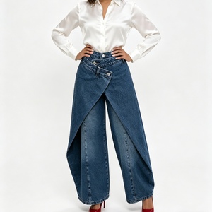 Jean <span class=keywords><strong>en</strong></span> denim asymétrique à jambes larges pour femme avec <span class=keywords><strong>jupe</strong></span> superposée amovible Sehe Fashion - Product Image 5