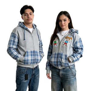 Vente en gros Sweat à capuche zippé unisexe en molleton 100% coton avec logo personnalisé, patchwork à carreaux et manches en flanelle TKAN9112 - Product Image 1