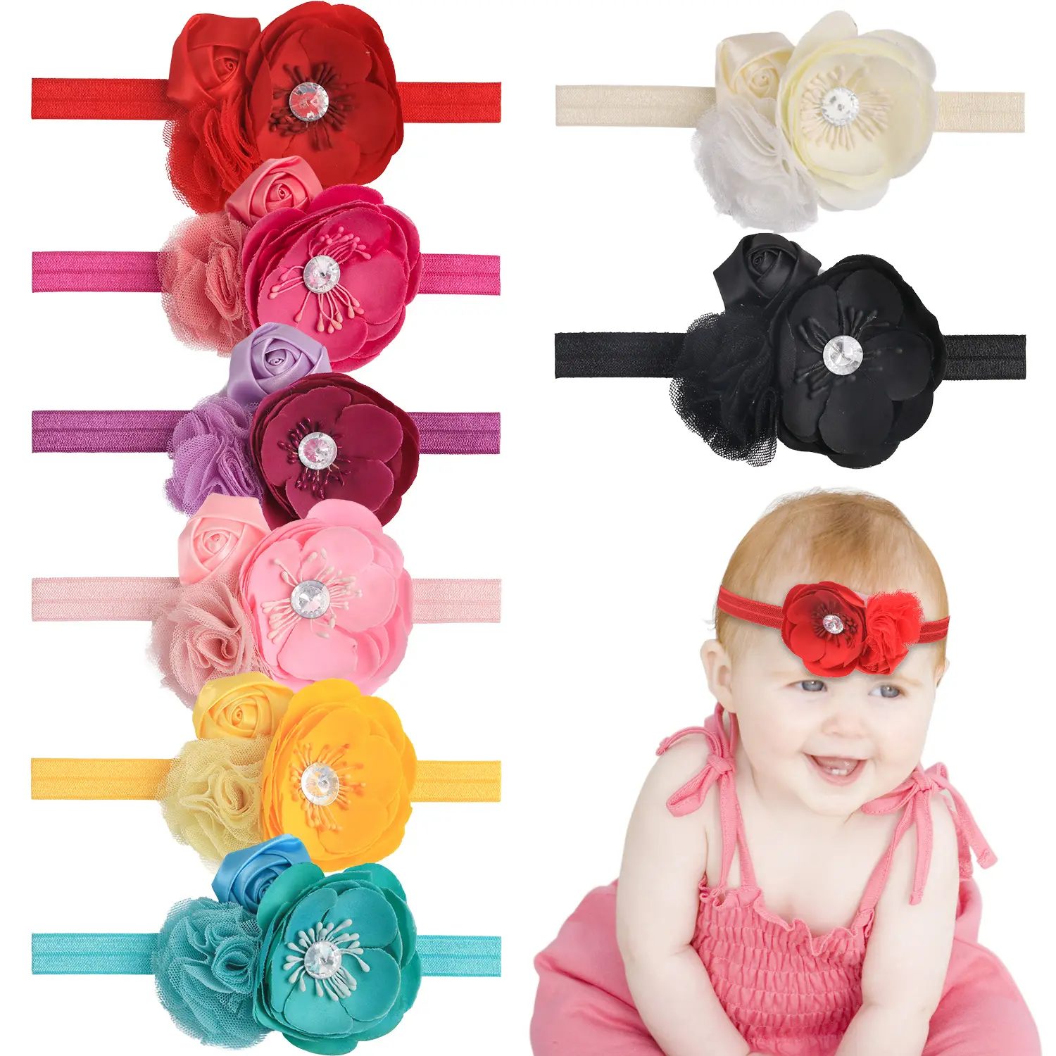 Cute Hair Accessories Wholesale Flower Headband Diamond Rose Flower Head Band Baby Hairband