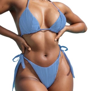 Ensemble bikini deux pièces sexy couleur unie avec contrôle de la silhouette, maillot de bain femme à lacets et liens latéraux, tenue de plage estivale style <span class=keywords><strong>lingerie</strong></span> exotique - Product Image 4