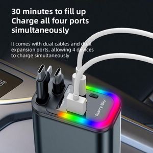 Nouveau chargeur 5-en-1 2026 Type-C PD 120W à charge rapide pour voiture avec câble rétractable, adaptateur, lumière d'ambiance et affichage numérique - Product Image 5