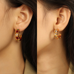 Geometric Huggie <b>Earrings</b> Gold Plated With Red <b>Green</b> Stones Party Jewelry EH778 - Product Image 4