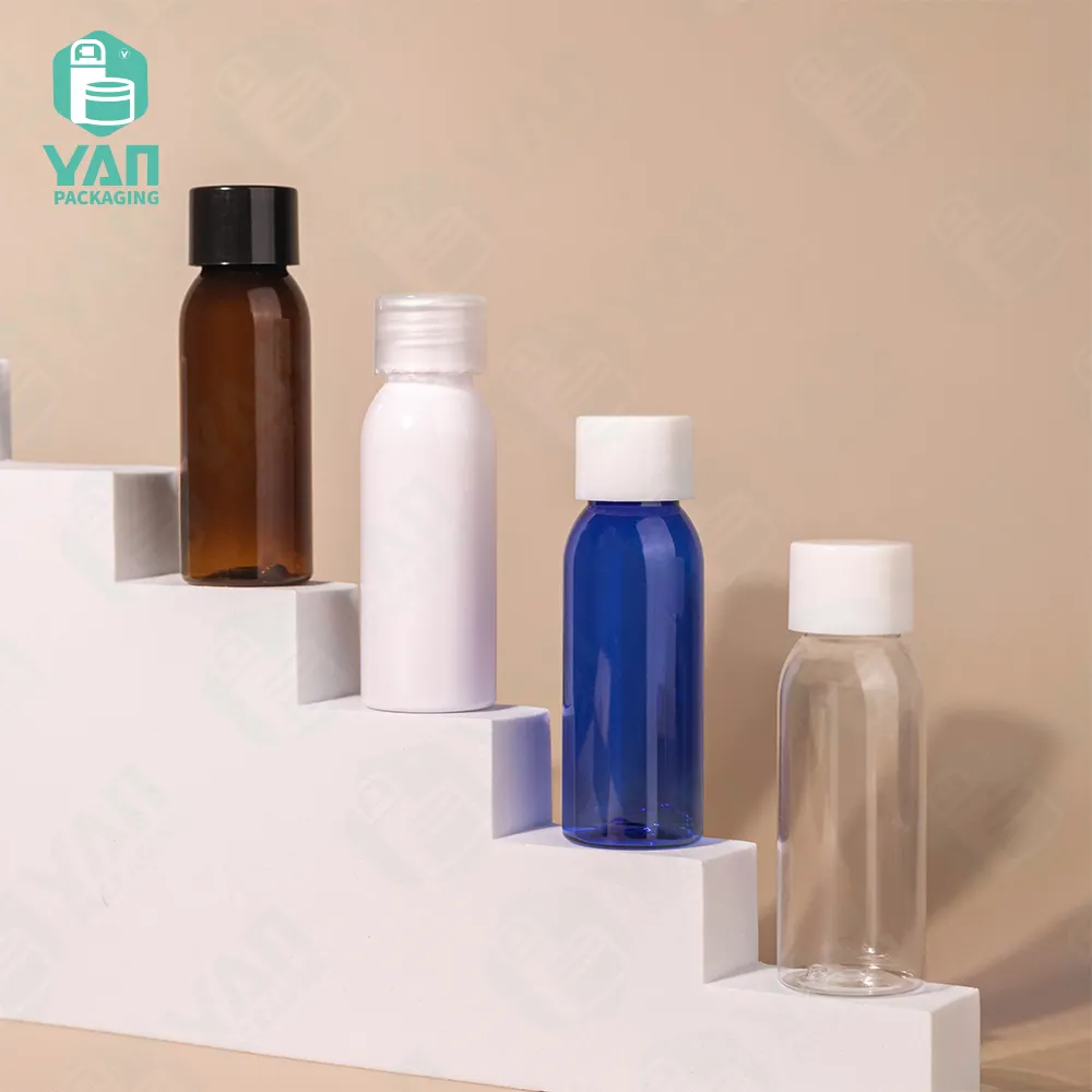 YAN Packaging cheap custom white amber blue clear color small 30ml oil plastic bottles with lids and reducer in stock