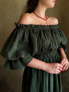 Vestido largo de manga corta acampanado con hombros descubiertos para mujer, Túnica sólida plisada, vestidos elásticos de cintura alta, vestido veraniego para mujer - Product Image 4