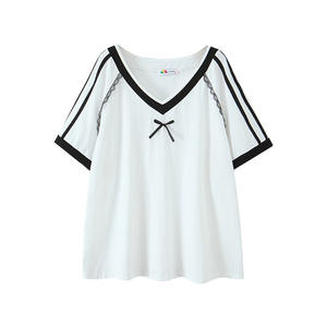 Happy Plus <b>Lace</b> Bow V-Neck Loose T-Shirt <b>Black</b> White Plus Size Women Jersey <b>Top</b> N9280 - Product Image 2