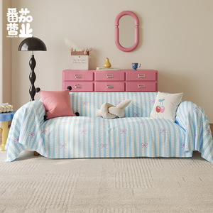 Fangqiaoye - Funda de Sofá de Estilo Coreano con Lazo, Rayas Bordadas, Elástica, Imitación Lino, Funda Protectora para Sofá Doble - Product Image 2