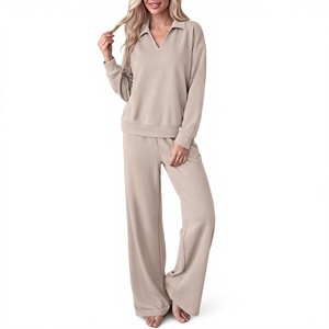 Ensemble décontracté 2 pièces pour femme : Sweat-shirt à col polo à manches longues et pantalon large à cordon de serrage, 280 GSM, 100 % coton - Product Image 4