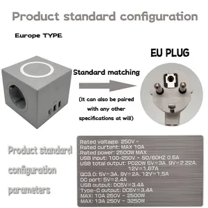 Kustom Logo baru EU Rubik bentuk kubus Plug dengan 10W biaya nirkabel dan PD20W tipe-c dan USB-A EU outlet ekstensi soket daya