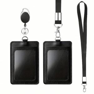 PU Leather <b>ID</b> Badge Holder with Retractable Lanyard Office Card Holder Work Identification Name <b>Tag</b> Business Conference - Product Image 1