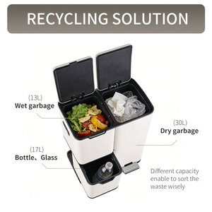 Contenedor de Reciclaje de Acero Inoxidable Blanco de 60L con 3 Compartimentos y Botón de Pedal en la Parte Superior, Cubo de Basura para Cocina - Product Image 3