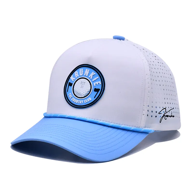 卸売カスタムゴムPvcロゴロープ野球帽、防水レーザーカット穴あき帽子、パフォーマンススポーツ野球帽