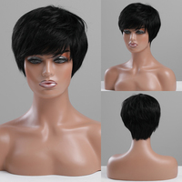 Perruque synthétique brune naturelle à livraison rapide d'usine, douce, de haute qualité, avec frange latérale, mèches blondes dorées, coupe pixie courte