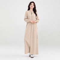 Robe longue kaki à col montant et fermeture éclair intégrale avec poches, Abayas du Golfe douces pour femmes musulmanes, tenue décontractée et modeste
