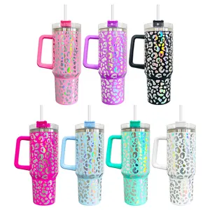 sports travel coffee beer doubled walled wholesale shimmer 40oz holographic leopard pattern tumbler with handle and straw