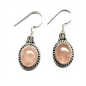 Nouvelles boucles d'oreilles pendantes SILVER ZONE Bohemia Hook Style en argent sterling 925 avec pierre ovale en quartz rose pour femmes - Product Image 1