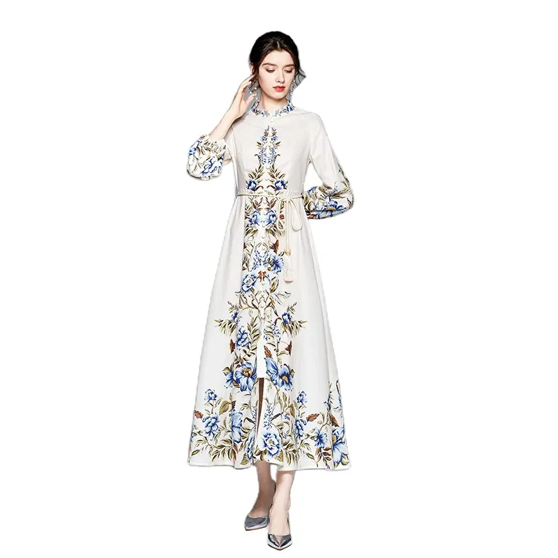 2021 Women Printed Floral Fashion O-Neck Long Sleeve Maxi Pakistani Pleated Maternity Dresses