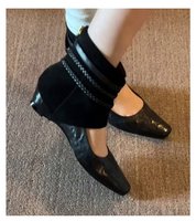 Bottines pliables en PU pour femme, bout carré, talon carré bas, avec bride à boucle et fermeture éclair arrière, antidérapantes, en velours, vente en gros, logo personnalisé