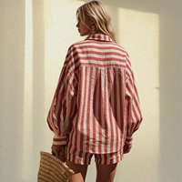 Ensemble pyjama décontracté pour femme, chemise ample à manches longues et short rayé, élégant, classique et confortable, vente en gros