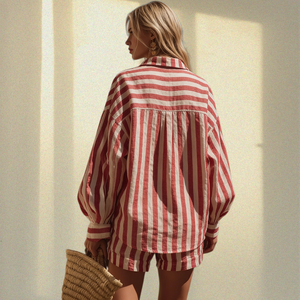 Conjuntos de Pijama de Camisa Holgada y Pantalones Cortos a Rayas para Mujer, Elegantes, Clásicos, Modernos y Cómodos, Venta al Por Mayor - Product Image 2