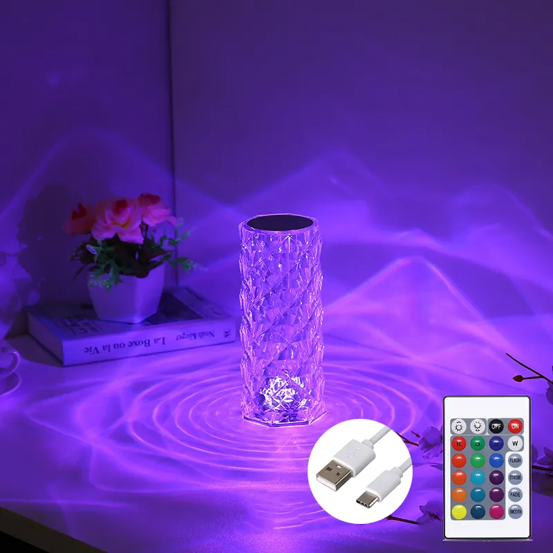 Toucher Télécommande Romantique Rose Table Lumière Cristal Blanc RGB 16 Couleurs USB Rechargeable Atmosphère Lampe De Table Pour La Décoration