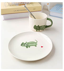 Tasses à café et assiettes en céramique peintes à la main avec motif de chat coloré, tasses à lait de dessin animé pour le petit-déjeuner - Product Image 5
