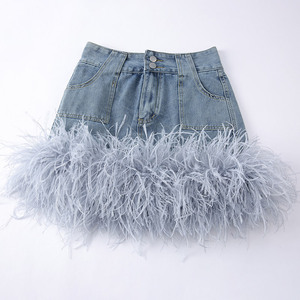 Gonne corte in Denim a vita alta Design personalizzato da donna minigonne in Denim <span class=keywords><strong>con</strong></span> rifilatura di <span class=keywords><strong>piume</strong></span> di struzzo - Product Image 3