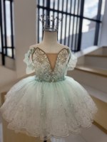 Gaun Tutu Balet Hijau Mint untuk Anak, Berhias Renda & Payet dengan Lengan Tulle Mengembang, Tutu Pancake Profesional untuk Anak Perempuan