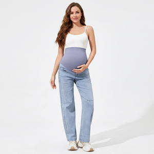 Jean de maternité taille haute en denim patchwork, pantalon long tissé pour la grossesse et le quotidien - Product Image 1