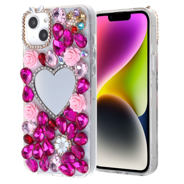 Luxury Portable Makeup Mirror Mobile Phone Case Diamond Design TPU+PC Material Shockproof Glitter Decoration Magnetic Ring