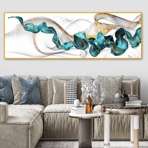 Arte de Pared de Porcelana con Cristales y Cinta Abstracta en Tonos Verde Azulado y Dorado - Pintura Panorámica de 90x30cm para Decoración de Dormitorio - Product Image 1